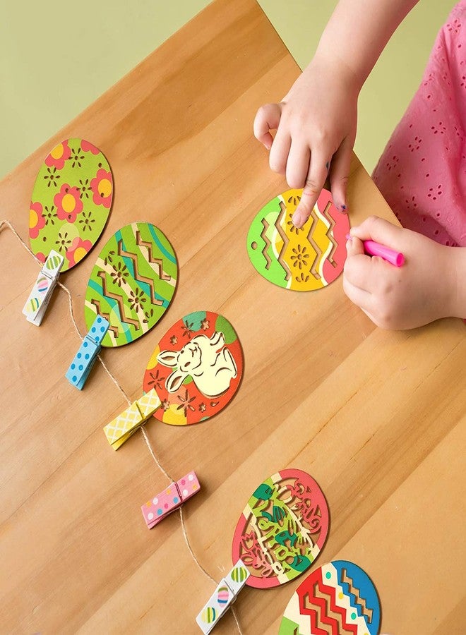 Cliths Pack of 12 Pieces Easter Crafts Wooden Ornaments Unfinished Crafts Wood Hanging Ropes Egg Bunny Chicken Flower Shape for DIY Kids Easter Party Decoration Supplies - Image 5